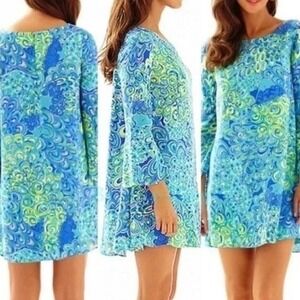 Lilly Pulitzer Colette Swing Dress Peacock Lagoon Bell Sleeve Blue Green Small